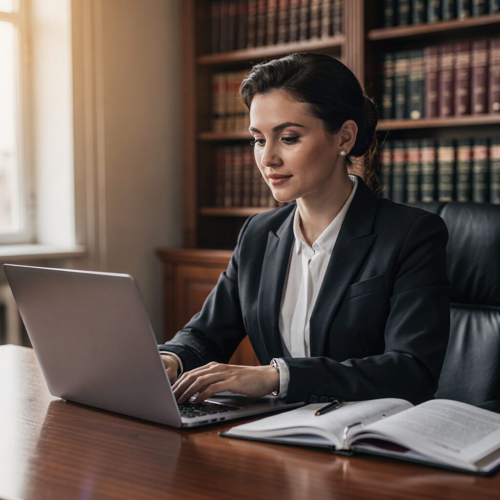 une avocate en droit du travail qui travail sur son ordinateur en ligne