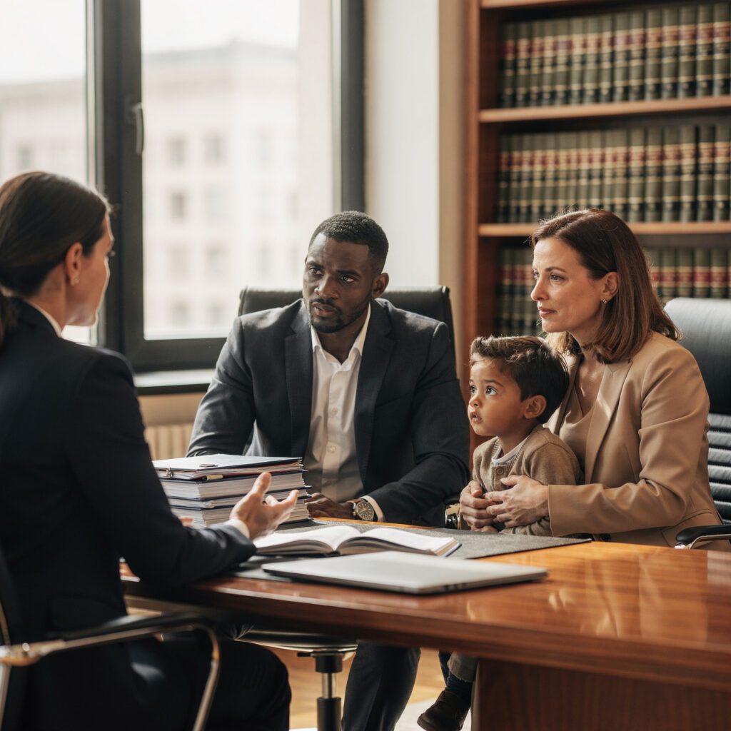 une petite famille dans le bureau d'une avocate en droit social
