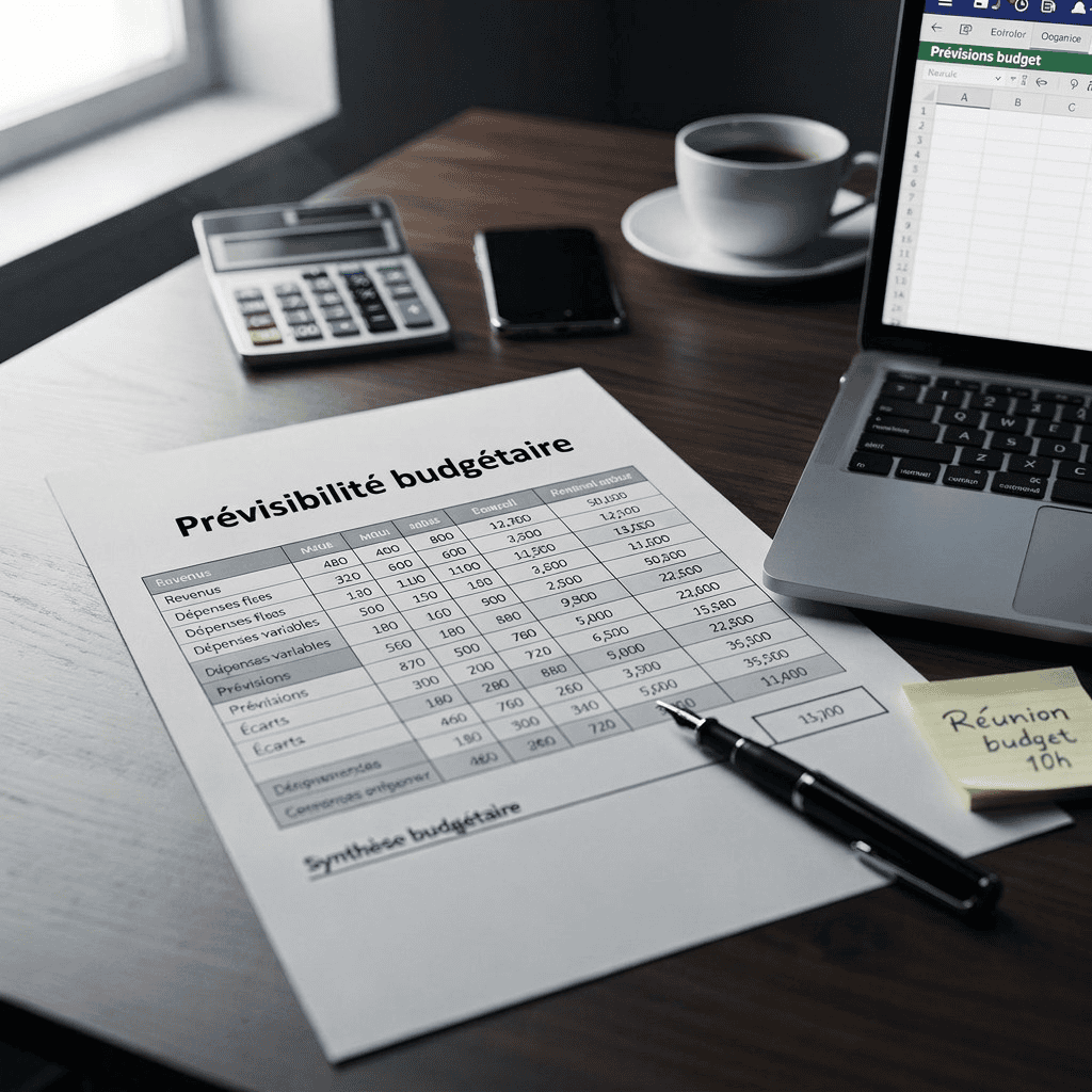 Une tasse de café, une calculatrice, une fiche de prévisibilité budgétaire d'un cabinet d'avocat en droit social, un ordinateur le tout sur une table de bureau